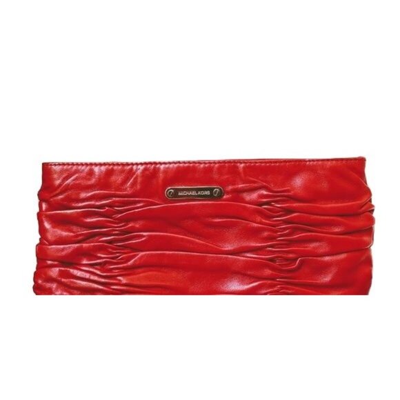 Michael Kors Red Ruched Leather Expandable Clutch with Chrome Hardware - Picture 8 of 8